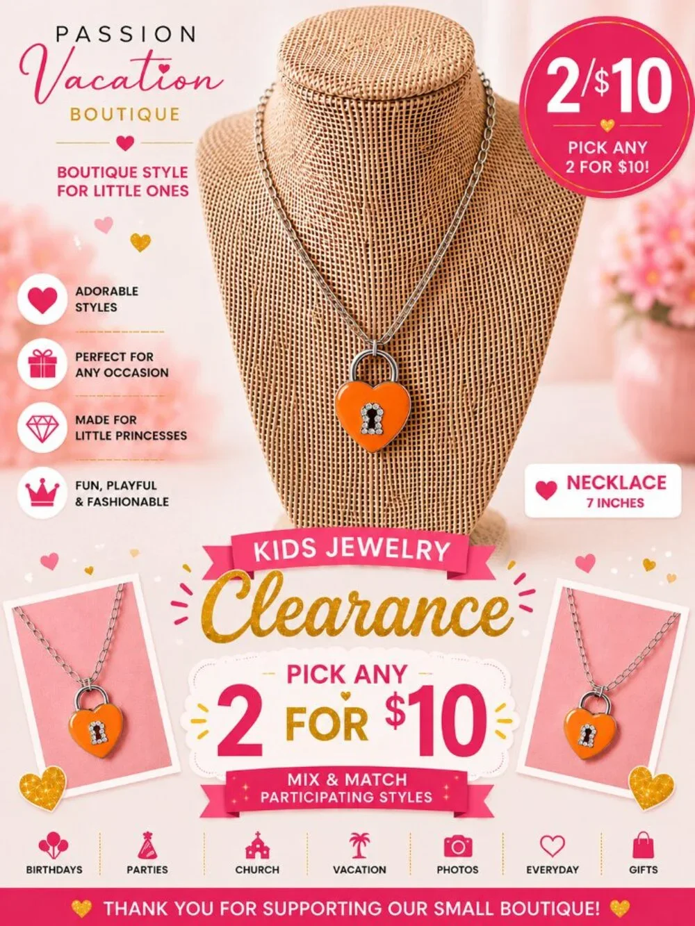 Girls Orange Heart Lock Rhinestone Keyhole Pendant Necklace